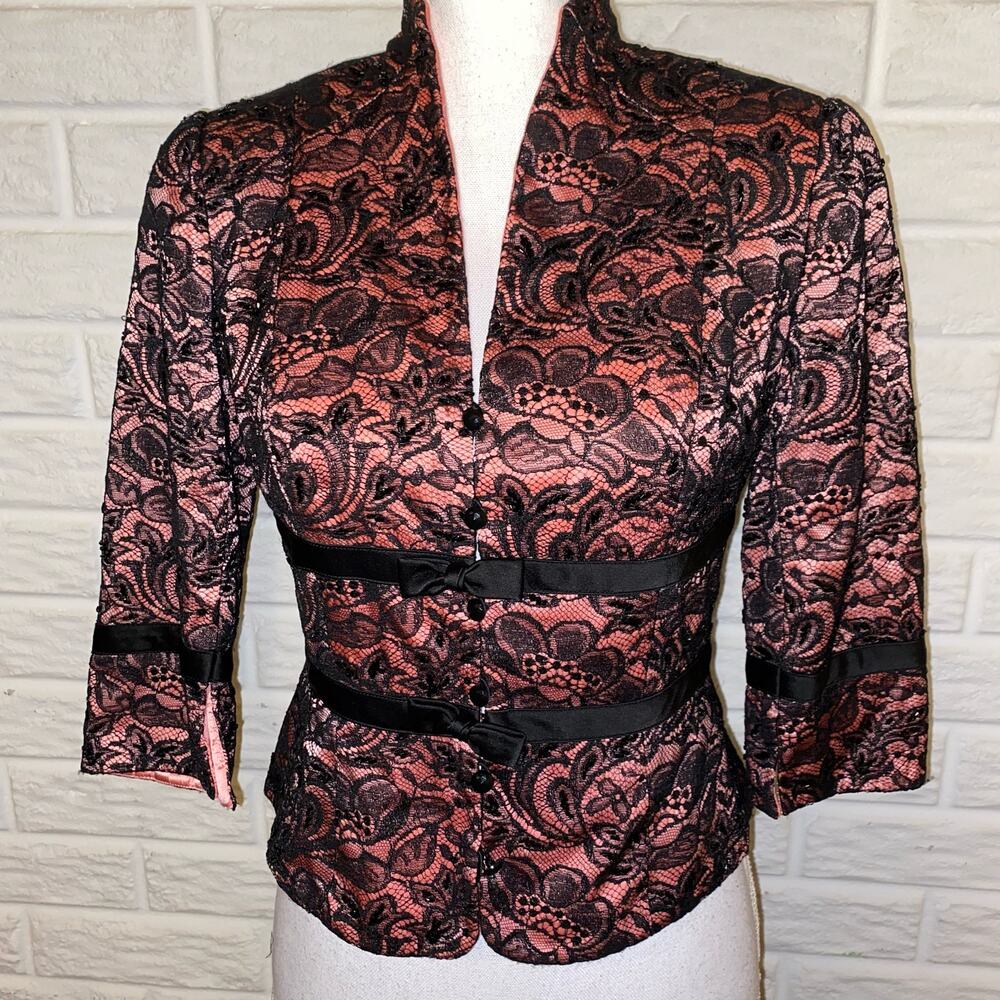 Carmen Marc Valvo Black Lace Overlay Pink Jacket